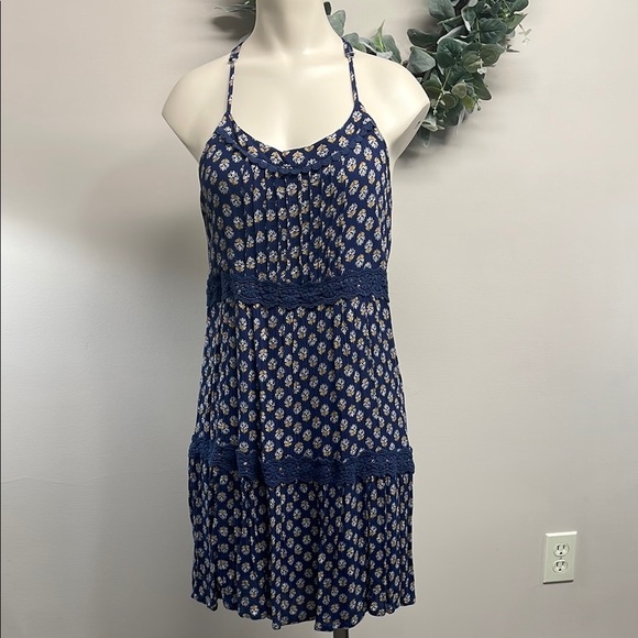 Hollister High Neck Racerback Sleeveless Navy Blue Floral Sundress Crochet M - Picture 1 of 15
